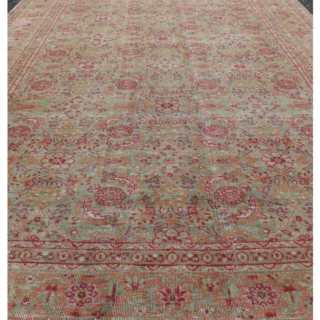 Antique Persian Tabriz Rug With All-Over Design in Light Green, Pink, and Red. Keivan Woven Arts / rug EMB-22142, country...