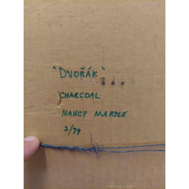 Textile 1970s Nancy Marple Charcoal Drawing Depicting Dvorak, Framed For Sale - Image 7 of 8
