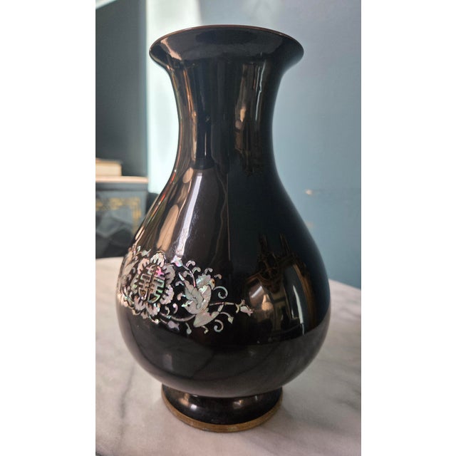 Antique Chinioiserie Brass Vase With Mother of Pearl Inlay For Sale - Image 4 of 8
