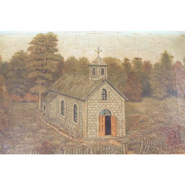 Antique original oil painting of a church by N. Schaefer. Signed bottom right. Overall age wear.