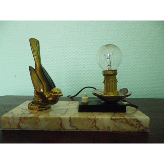 Table Lamp with Marble Base, Brass Bird Decoration and Opaline Lampshade, 1940s For Sale - Image 9 of 17
