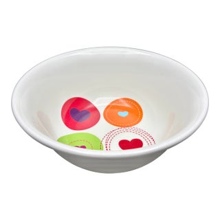 Vintage “Who Do You Love” White Melamine Serving Bowl With Colorful Pop Art Hearts For Sale