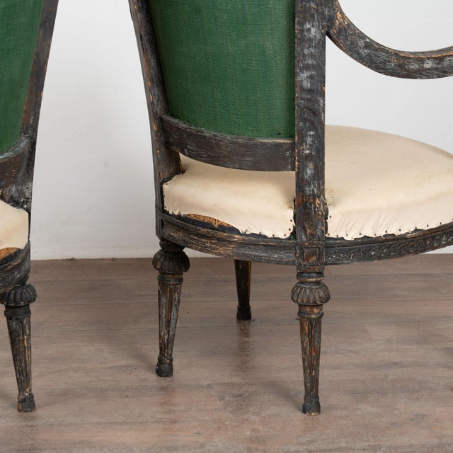 Pair 19th Century Swedish Gustavian Black Painted Carved Armchairs For Sale - Image 15 of 16