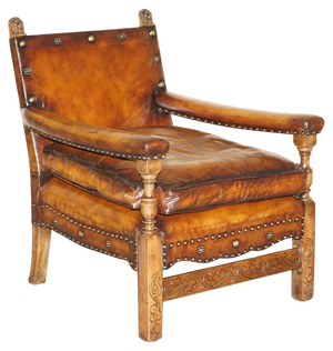 Edwardian Carved Armchair with Hand Dyed Brown Leather Seat, 1910s