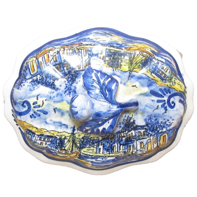 Charming blue & white Greek serving bowl with lovely waterfront scene. Hand painted on all four sides and top with fruit...