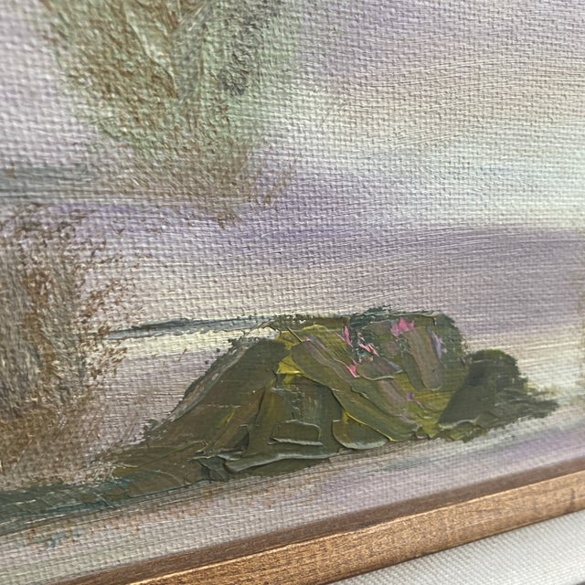 An exceptional Mid-Century Modern original desert landscape oil painting featuring a dramatic, textured mountain range and...