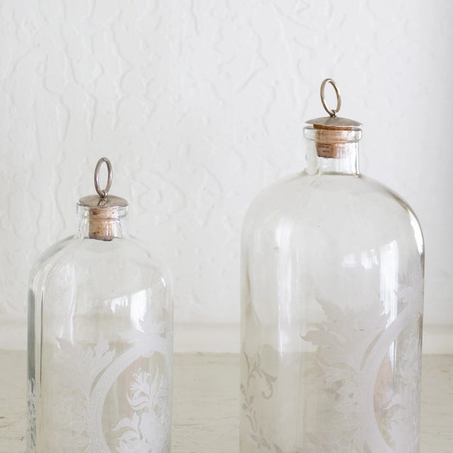 Victorian Clear Etched Glass Victorian Apothecary Decanters With Silver Topped Corks For Sale - Image 3 of 11