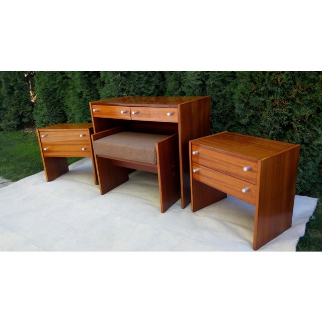 Brown Bedside Tables, Stool and Dressing Table by Jindřich Halabala, 1970s, Set of 4 For Sale - Image 8 of 17