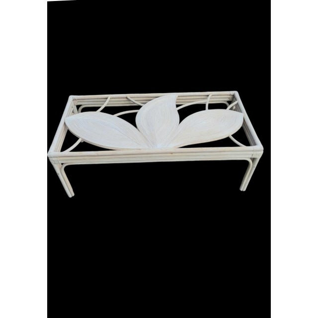 Wood Vintage White Wash Rattan Pencil Reed Giant Leaf Top Coastal Regency Style Coffee and Side Table Set 2 For Sale - Image 7 of 10
