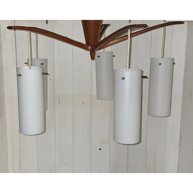 Vintage Mid-Century Danish Five-Light Ceiling Cascade Lamp with Teak Frame and White Satin Glass Shades, 1960s For Sale - Image 6 of 12