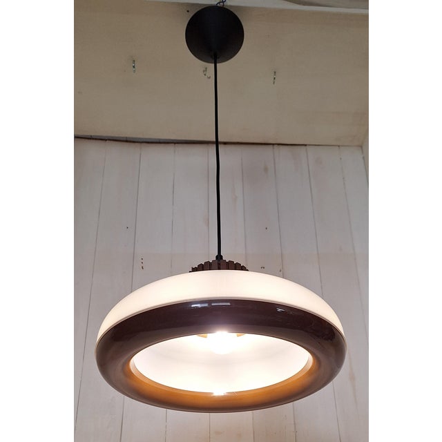 1970s Vintage Ceiling Lamp with Brown and White Plastic Shade, 1970s For Sale - Image 5 of 7