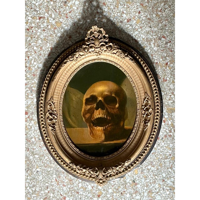 Mid 20th Century Vintage Skull Oil Painting in Ornate Frame For Sale - Image 5 of 12
