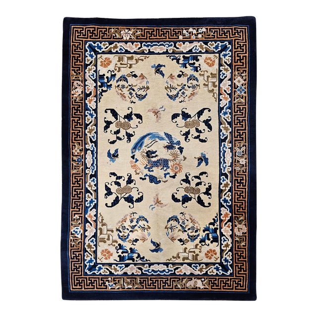 Vintage Chinese Art Deco Area Rug, Hand-Knotted Wool Pile, Ivory Field, 5' x 7' For Sale