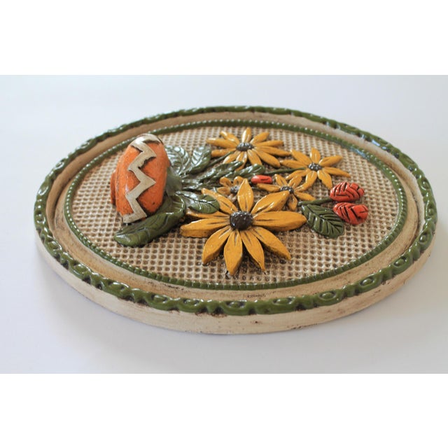 Vintage Handmade 3d Oval Plaster Wall Art Piece Featuring Hand-Painted Sunflowers in a Vase For Sale In Milwaukee - Image 6 of 8