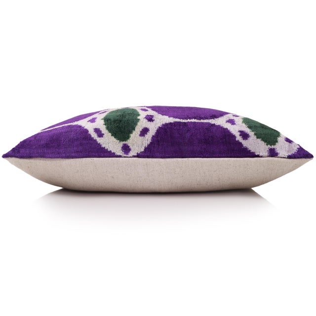 Hand-Knotted Silk Velvet Ikat Lumbar Pillow - 16x24 Royal Purple & Forest Green For Sale In San Francisco - Image 6 of 8