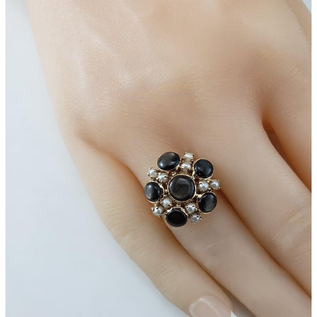 Metal Mid 20th Century 14k Yellow Gold Black Star Sapphire & Pearl Ring For Sale - Image 7 of 8