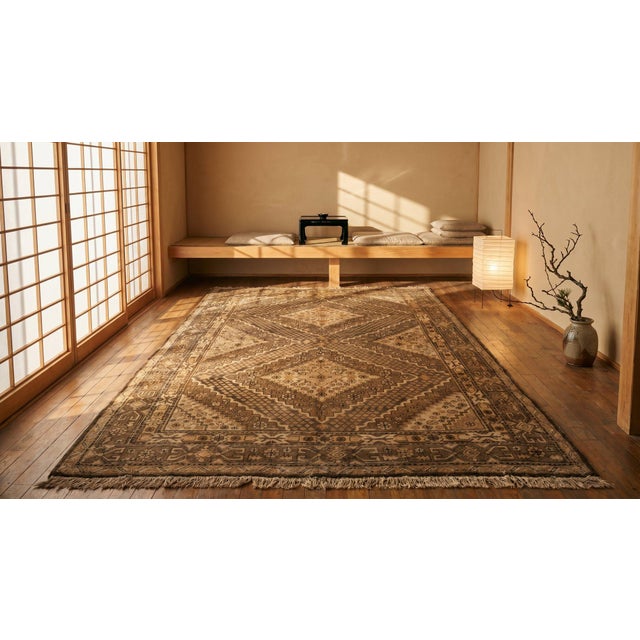1930s Tan Camel Medallion Antique Chinese Khotan Rug 6'9" X 12'5" Handknotted Wool Carpet For Sale - Image 9 of 10