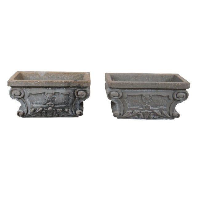 Vintage French Baroque Ornamental Concrete Stone Garden Flower Planters - Set of 2 For Sale - Image 12 of 12
