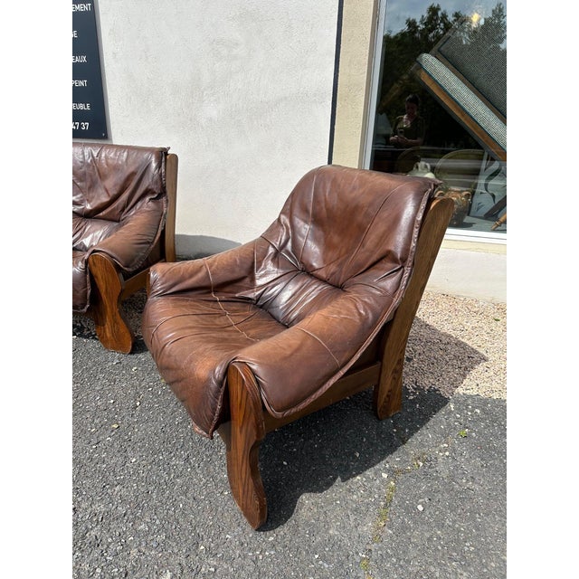 Brutalist Leather Living Room Set, 1970, Set of 3 For Sale - Image 6 of 16