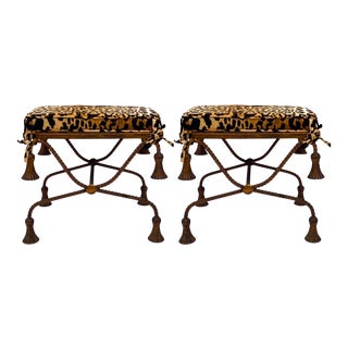 Hollywood Regency Italian Gilt Metal Tassel Benches in Leopard Velvet - a Pair For Sale