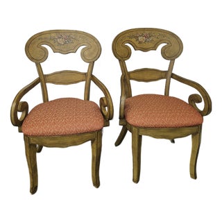 Vintage Mustard Hand Painted Swedish Style Scroll Arm Chairs - A Pair For Sale