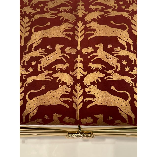 Hollywood Regency Italian Brass Bench With Printed Leather Upholstery For Sale - Image 12 of 12