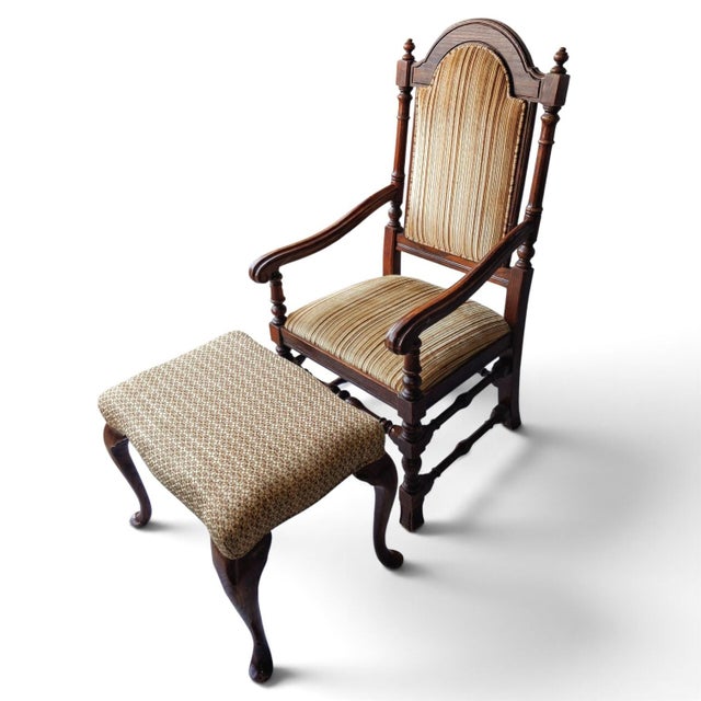 Vintage Carved Oak Armchair & Matching Ottoman Set For Sale - Image 12 of 12