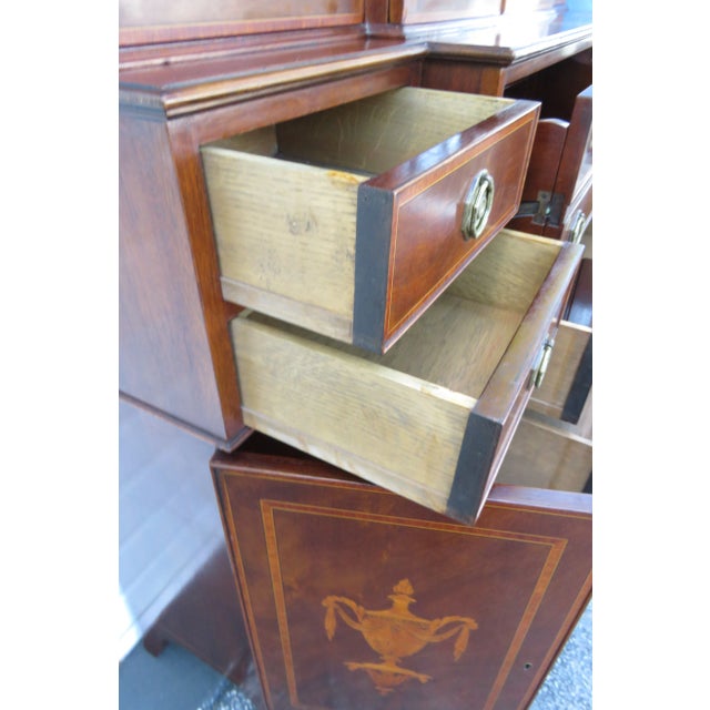 1940s Mahogany Inlay 2 Part Breakfront China Display Cabinet With Desk For Sale - Image 5 of 12