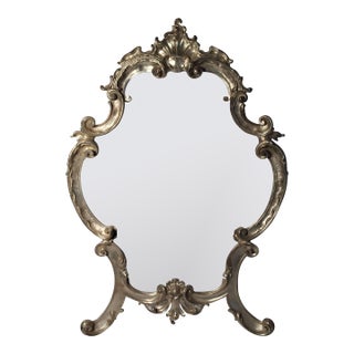 Hollywood Regency Large Italian Rococo Easel Back Table Mirror in Silver Metal For Sale