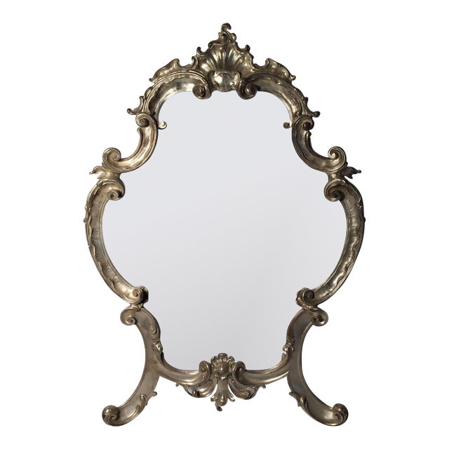 Hollywood Regency Large Italian Rococo Easel Back Table Mirror in Silver Metal For Sale