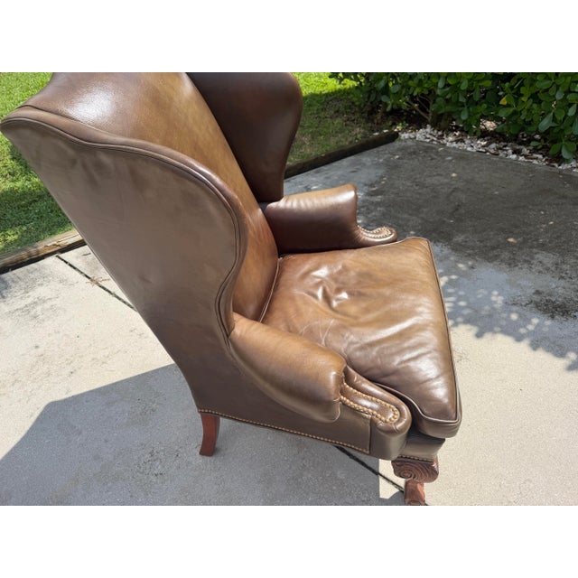 Vintage Ethan Allen Leather Wingback Armchair With Carved Claw Feet For Sale - Image 9 of 12