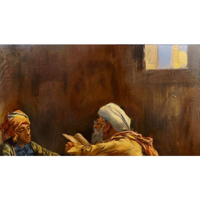 1900 - 1909 Max Rabes -Old Patriarch Reading the Koran to a Young Man-Orientalist Oil Painting For Sale - Image 5 of 9