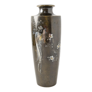 Early 20th Century Japanese Bronze Mixed Metal Vase With Rooster and Cherry Blossoms