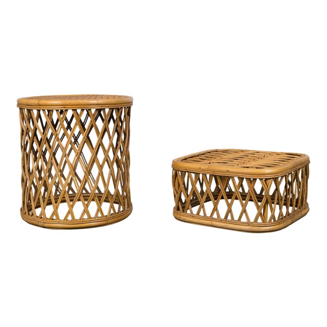 Rattan Pieces Small Cylindrical Table, Small Square Ottoman - A Pair For Sale