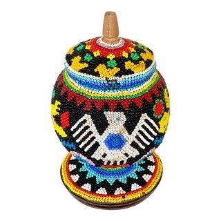 Vintage Hand Beaded Huichol Lidded Wood Container For Sale