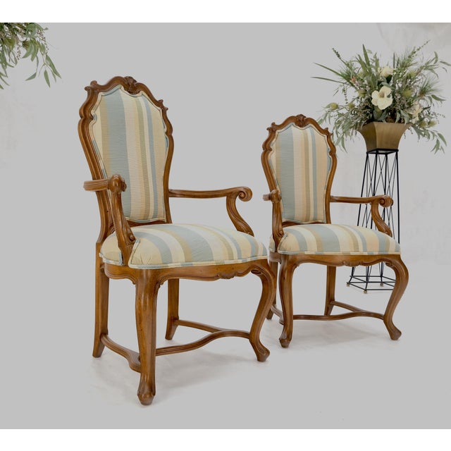 Pair Carved Striped Upholstery Tall Backs Carved Walnut Scallop Design Decorated For Sale - Image 14 of 17