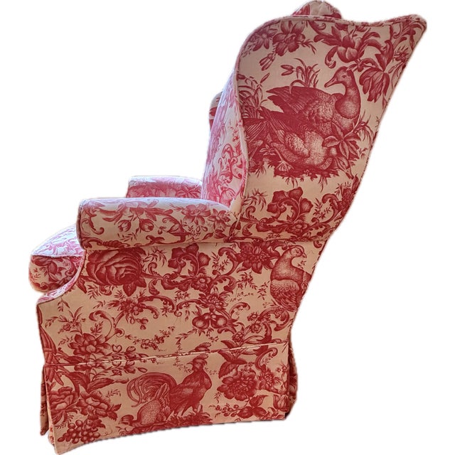 Brunschwig & Fils Custom Wingback Chair in Red Raspberry and Cream in Heritage Toile by Brunschwig & Fils For Sale - Image 4 of 17