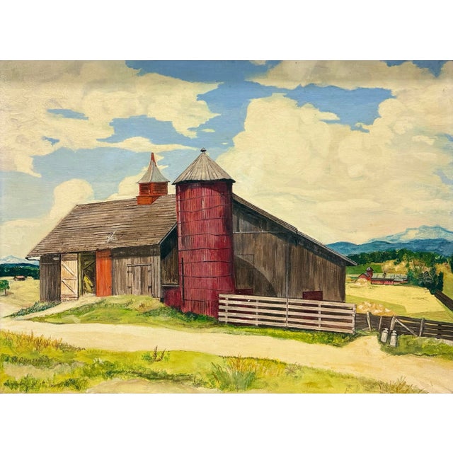 Farmhouse Mid-Century American Oil Painting of Red Barn & Silo, Signed W. Grimshaw For Sale - Image 3 of 14