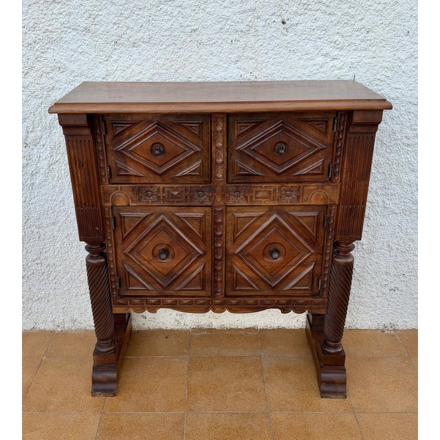 Early 20th Century Rare Spanish Carved Walnut Sideboard With Geometric Panels and Spiral Columns For Sale - Image 4 of 15