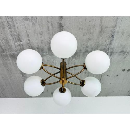 Mid-Century Modern Brass and Opaline Glass 6-Globe Chandelier, 1960s For Sale - Image 3 of 10