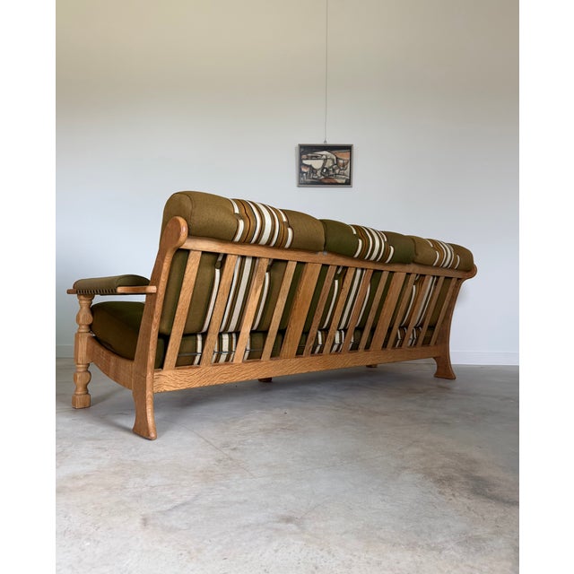 Scalloped Carved Turned Danish Oak Henning Kjærnulf Style Sofa Couch Olive Wool For Sale - Image 13 of 16