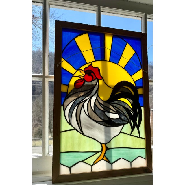 Canary Yellow Mid 20th Century Framed Handcrafted Stain Glass Rooster and Vibrant Sunrise For Sale - Image 8 of 11
