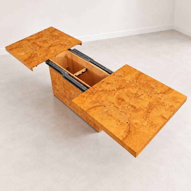 Milo Baughman Milo Baughman Style Burl Wood Extendable Pedestal Dining Table For Sale - Image 4 of 15
