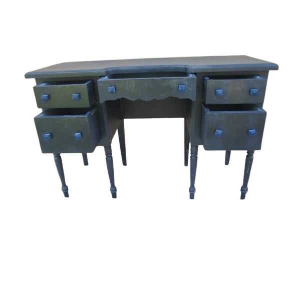 Coastal Vintage Dark Blue Wood Vanity With Stool 5 Drawer Cottage Style, 2 Pieces For Sale - Image 3 of 12