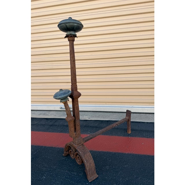 Rustic Pair of 19th Century Rustic Carved Iron and Bronze Fireplace Andirons For Sale - Image 3 of 14