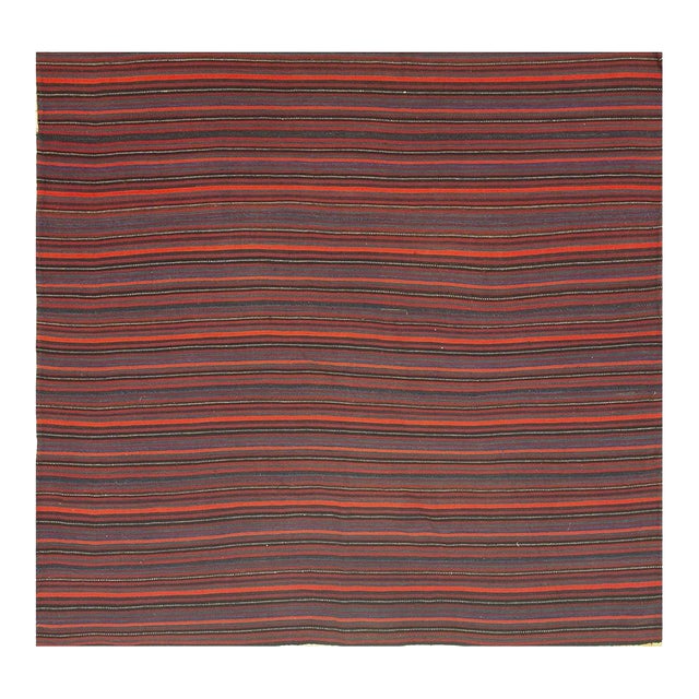 1950s Vintage Multi Dark Strioe Turkish Decorative Kilim Flatweave Square Rug For Sale