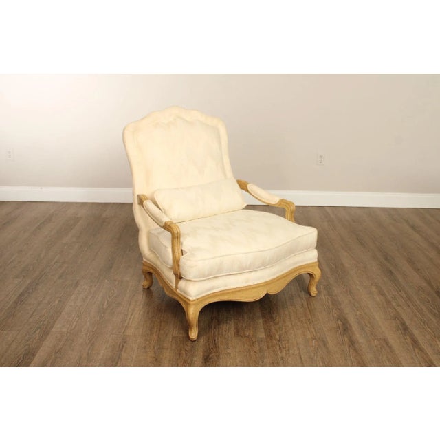 High Quality American Made Custom Upholstered Lounge Armchair with Antiqued Wood Frame