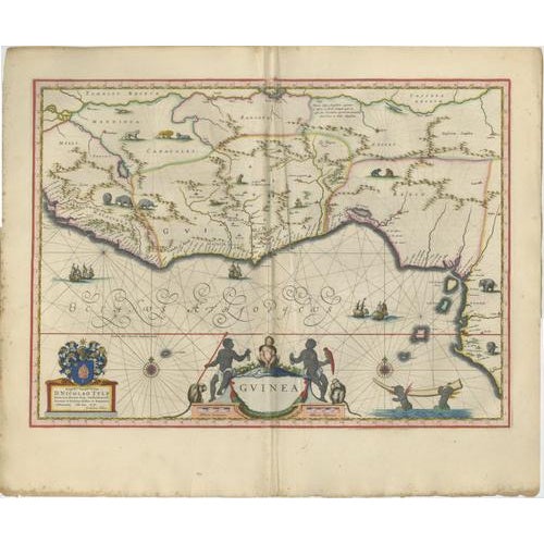 Antique Map Guinea West Africa Blaeu c.1640, Ships, Animals, Cartouche This striking and highly decorative map of the...