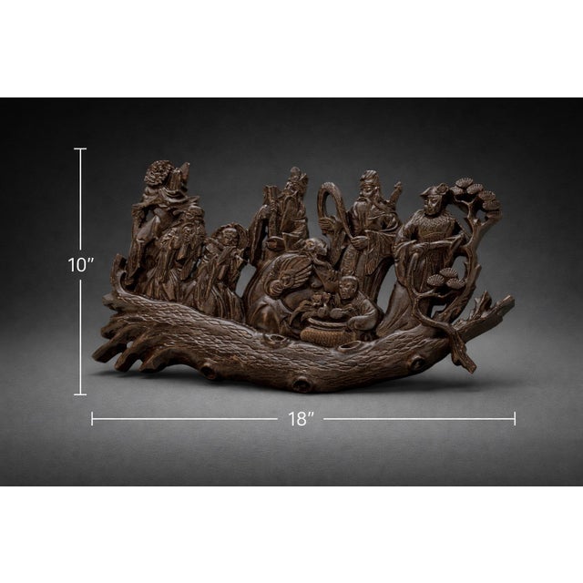 Vintage Hand-Carved Chinese Eight Immortals Wall Panel in Dark Hardwood, Figural Relief Sculpture For Sale In Los Angeles - Image 6 of 7