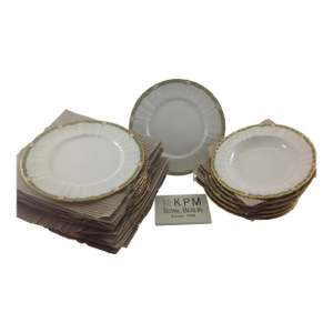 Vintage/New KPM Hand-Painted Dinner & Soup Plates Green Border and Gold Rim- 18 Pieces